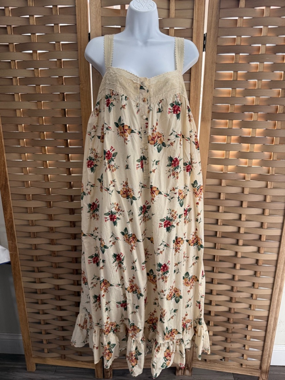 VICTORIA’S SECRET COUNTRY Vintage Cream Floral Maxi Nightgown Dress w. Lace Trim